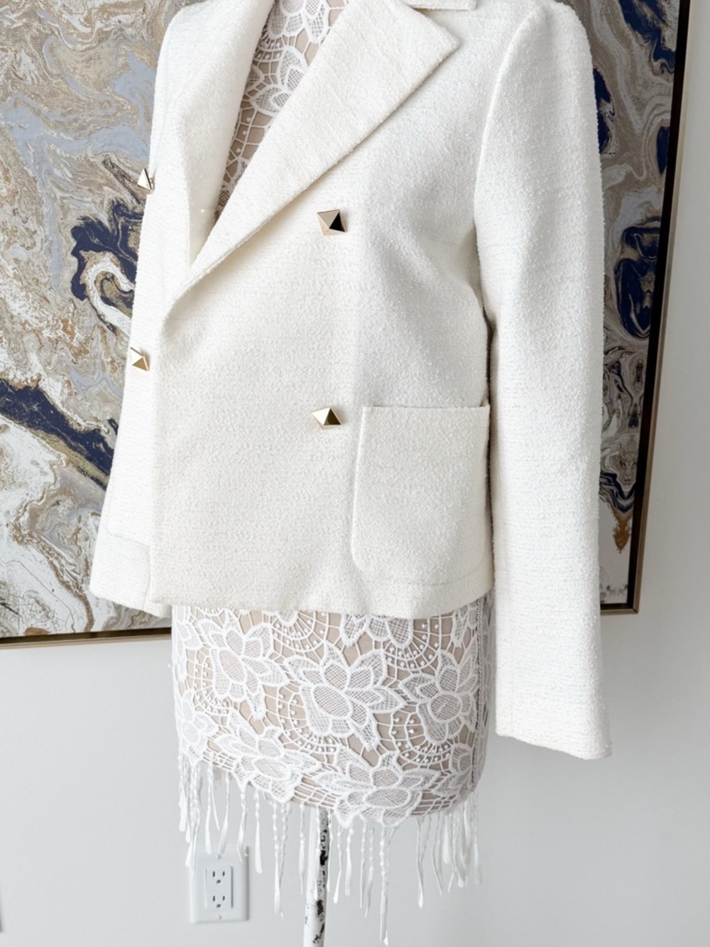 Valentino Cream Bouclé Double-Breasted Jacket with Gold Pyramid Buttons - Picture 4 of 16